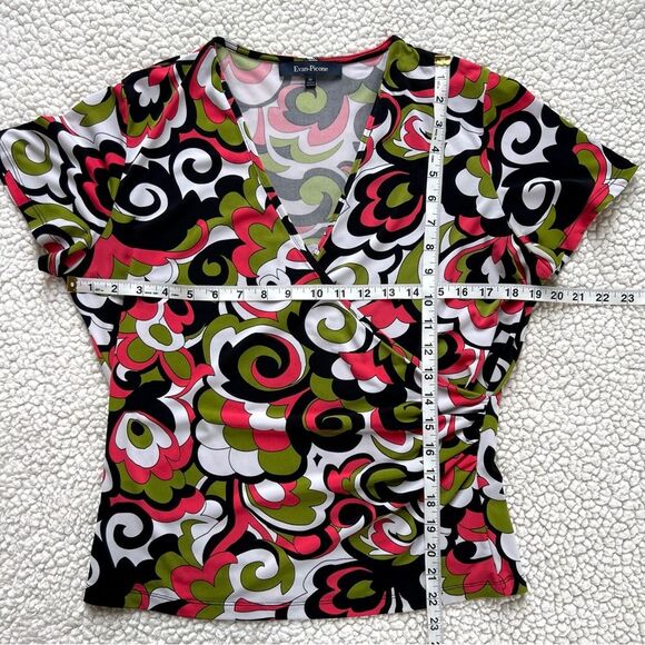 Y2K Evan Picone Multicolor Faux Wrap Retro Short Sleeve Babydoll Blouse SZ M - Picture 6 of 9